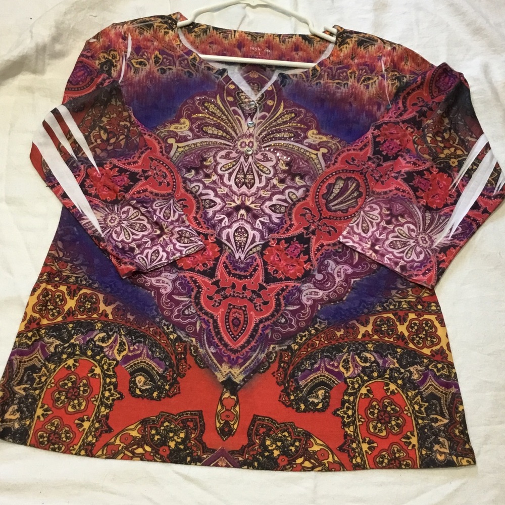 Style & Co. Multicolor Paisley V-Neck Long Sleeve Top - Red, Purple, Yellow